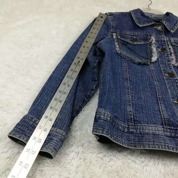 Relativity Womens Jean Jacket Denim Blue Embroidered Butterfly Fringe Petite PM - Picture 4 of 12